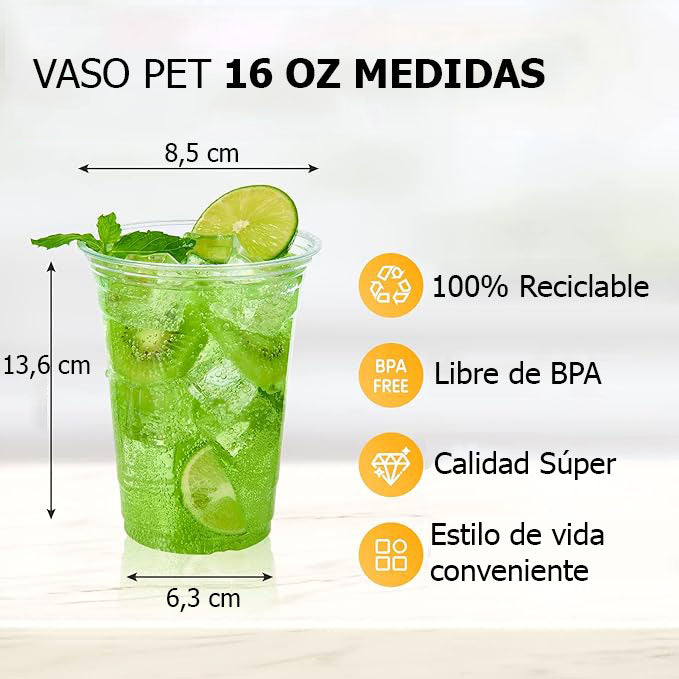Vasos plásticos Pet con tapa | 500cc/16oz | 50 unidades
